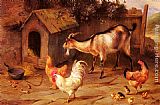 Edgar Hunt Canvas Paintings - Fowl, Chicks And Goats By A Dog Kennel